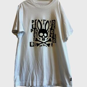 Psycho Bunny T-Shirt Boys L White Black Skull Bones Logo Spell out Graphic Print